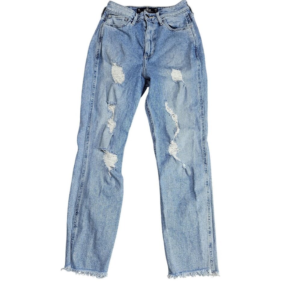 Hollister High Rise Mom Jeans Juniors 5 Blue Light Wash Distressed Stretch Denim